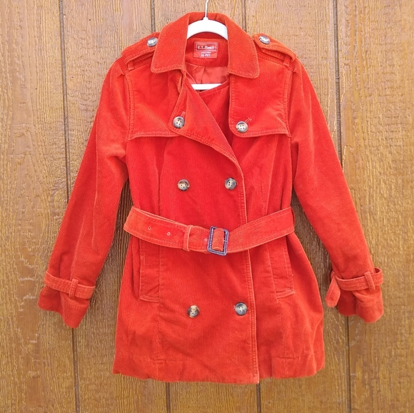 L.L. Bean Burnt Orange Corduroy Belted Trench Coat Pea Coat Size XS Petite - Picture 12 of 15